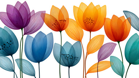 Vibrant floating flower petals with abstract linear texture against a white backgroundの素材