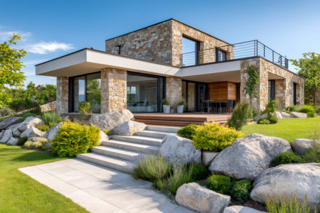 Modern house with stone facade walls in a luxury real estate setting with a minimalist gardenの素材