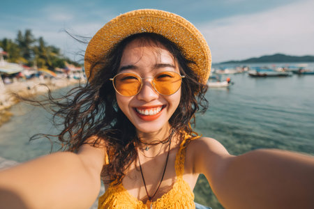 Young woman smiling, wearing sunglasses and straw hat, enjoying beach vacationの素材
