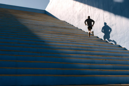 Male athlete vigorously running up a long flight of blue stairs at sunsetの素材