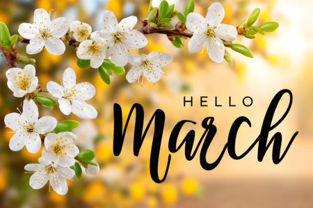 White flowers blooming on a branch with text hello march celebrating spring seasonの素材