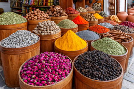 Assortment of vibrant spices displayed in wooden barrels at a traditional souk marketの素材
