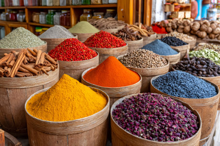 Spices filling wooden barrels, offering traditional flavors and aromas in a marketの素材