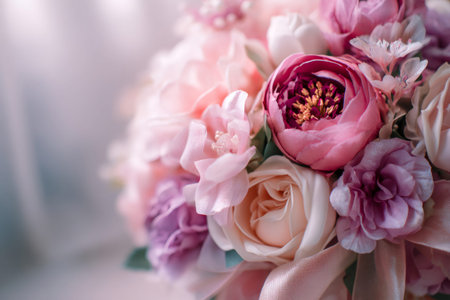 Close up view of a romantic bouquet featuring an assortment of pink and purple artificial flowersの素材