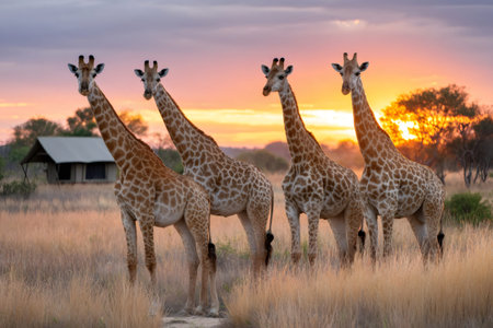 Four giraffes standing in a golden savanna in front of a safari tent during an african sunsetの素材