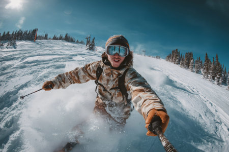 Skier enjoys fast action on a snowy slope under a clear skyの素材