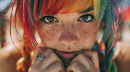 Young woman looking directly at the camera, showing her freckles and colorful hairの素材