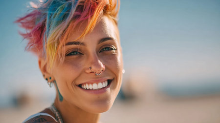 Young woman with rainbow hair, piercings, and tattoos smiling, expressing individuality and freedomの素材