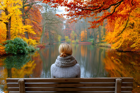 Woman in a scarf watching vibrant fall foliage reflecting on a peaceful lakeの素材