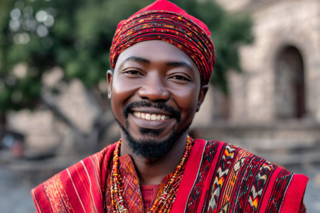 African man smiling, wearing vibrant kente fabric and traditional beaded necklaces representing heritageの素材