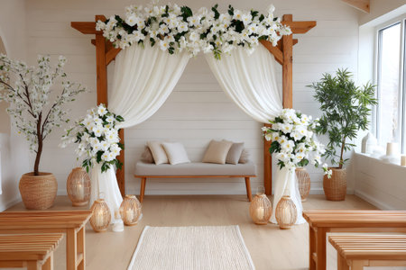 Wedding arch decorating a bright indoor ceremony space with benches and lanternsの素材