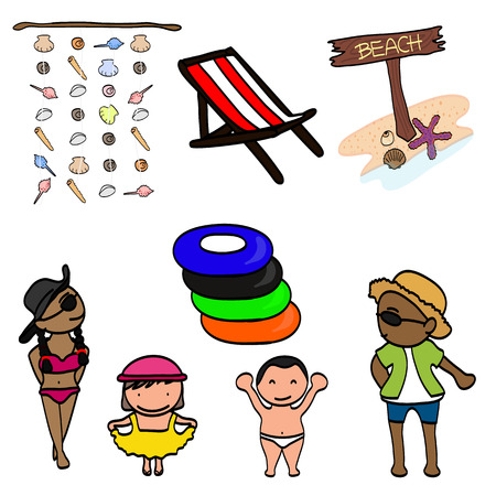 Color doodle with cute happy kids on the beach isolated on white backgroundのイラスト素材