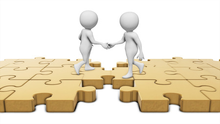 Friendly meeting on a bridge of puzzle piecesの写真素材