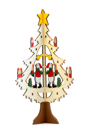 Wooden Christmas tree isolated on white backgroundの写真素材