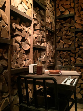 Logs wooden restaurant interior design - Photo Verticalの写真素材