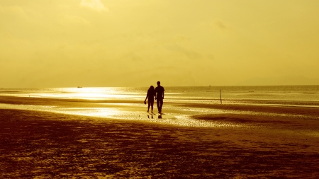Happy couple walking on beach at sunrise         の写真素材