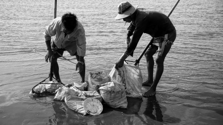 CAN GIO, VIET NAM- AUGUST 19: Fisherman working at beach in morning, they scratching shellfish in  Can Gio, Viet Nam on August 19, 2013のeditorial素材