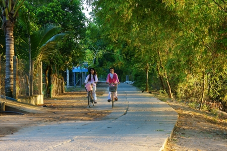  Two high school students wear ao dai  Vietnamese dress , ride bicycle on country lane go to school on moring at countryside in An Giang, Viet Nam on Nov 12, 2013のeditorial素材