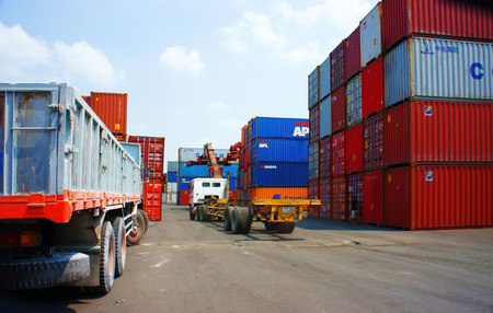 HO CHI MINH CITY, VIET NAM- MAR 19  Truck, trailer, somi load container at freight depot, cargo box...