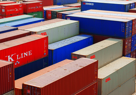 HO CHI MINH CITY, VIET NAM- MAR 19  Colorful container to hold industrial goods at cargo depot, Ho...