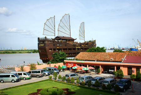 HO CHI MINH CITY, VIETNAM- AUG 10   Place for Vietnam travel at Ho Chi Minh city, campus of Nha Rong port, car park, houseboat as restaurant o river, Viet Nam,  Aug 10, 2014のeditorial素材