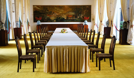 HO CHI MINH CITY, VIETNAM- AUG 16  Antique view of Independence Palace interior, beautiful living room, ancient picture on wall, Nguyen Van Thieu is last president of feudalism, Vietnam, Aug 16, 2014のeditorial素材