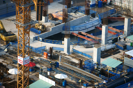 HO CHI MINH CITY, VIETNAM- AUG 21: Panaroma of construction work at Asia city, steel rod rise up...