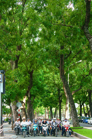 HO CHI MINH CITY, VIET NAM- OCT 7: Fresh air at Asian city, row of big tree on street, group of Vietnamese people on motorbike stop on street, ancient green trees with big trunk, Vietnam, Oct 7, 2014のeditorial素材