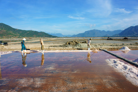 NINH THUAN, VIET NAM- OCT24: Group of Asian farmer working on salt plantation on day, Vietnamese man rake salt in pile, scene of field with mountain behind, salt worker on salina, Vietnam, Oct24, 2014のeditorial素材