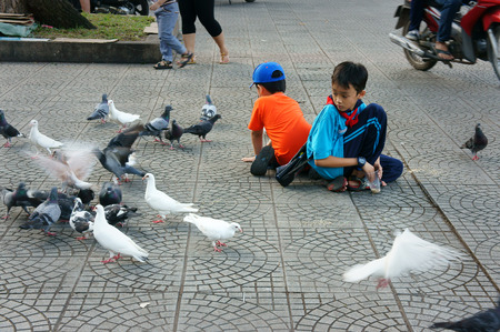HO CHI MINH CITY, VIET NAM- DEC 24: Asian kid feeding bird with pleasure, 
Vietnamese children sitting on pavement, throw grain for pigeon at 
Duc Ba Catheral, Vietnam, Dec 24, 2014のeditorial素材