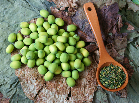 Collection of lotus, pink lotus flower, green seed, white lotus seed in fresh and dry, herbal tea of this flora, with amazing, abstract concept in vibrant color, this food make healthy , good sleepの写真素材