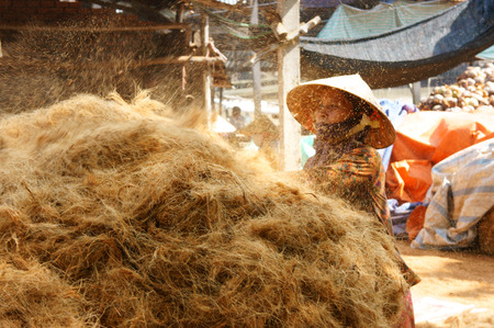 BEN TRE, VIET NAM- JUNE 1: Group of Asian worker work hard at coconut fiber trade village, Vietnamese woman working in dust, this is material area from coir of Mekong Delta, Vietnam, June 1, 2015のeditorial素材