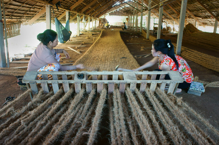BEN TRE, VIET NAM- JUNE 1: Asian worker work inside coir mat workshop, Vietnamese woman work traditional craft, coconut matting to export, coconut fiber material at Mekong Delta, Vietnam, June 1, 2015のeditorial素材