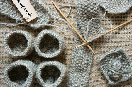 Handmade product from fibre, hand made basket make from knit, knitting heart, leisure with art...