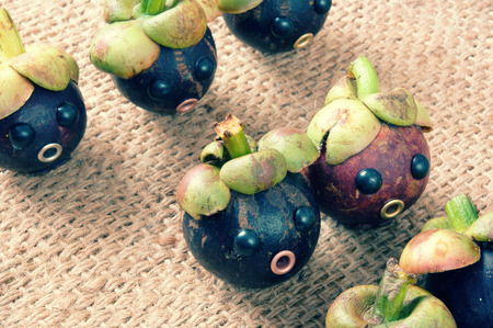 Amazing background with funny idea, impersonation, mangosteen with worried, anxious, humorous face, contrast among beauty look with rotten inssideの写真素材