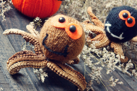 Halloween background with handmade pumpkin, funny spider, with knitted decoration for holiday seasonal, scary festival on october, orange is symbol color, so amazing with starfish, woolen spiderの写真素材