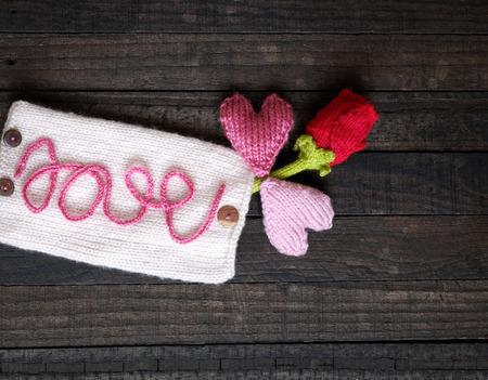 Amazing valentine background in pink colour, symbol of heart, i love you message, rose flower, all gift make handmade, knit from yarn, Valentines day on feb 14 is romantic day for loveの写真素材