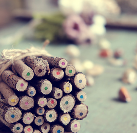 Group of coloured pencil, colouful crayon background from wooden, many circle in multi color make amazing backgroundの写真素材