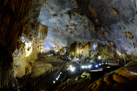 Paradise cave, an amazing, wonderful cavern at Bo Trach, Quang Binh, Vietnam, underground beautiful place for travel, heritage national with impression formation, abstract shape from stalactiteの写真素材
