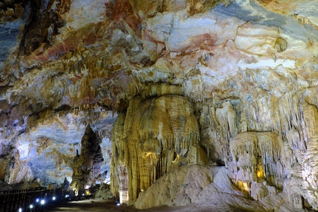Paradise cave, an amazing, wonderful cavern at Bo Trach, Quang Binh, Vietnam, underground beautiful place for travel, heritage national with impression formation, abstract shape from stalactiteの写真素材