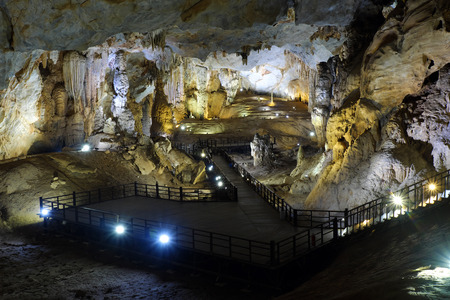 Paradise cave, an amazing, wonderful cavern at Bo Trach, Quang Binh, Vietnam, underground beautiful place for travel, heritage national with impression formation, abstract shape from stalactiteの写真素材