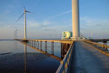 Group of wind turbines of Bac Lieu wind power plant at Mekong Delta, Vietnam. Windmill at Baclieu...