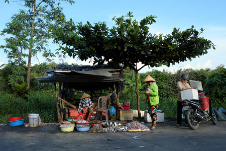 CA MAU, VIET NAM- JULY 15, 2016: Roadside food stalls, outdoor fish market at Mekong Delta countryside, vendor sell seafood as fish, oyster, shrimp, Camau, Vietnamのeditorial素材
