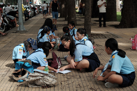 HO CHI MINH CITY, VIET NAM- AUG 28, 2016: Group of Asian children camping to join life skills course at Tao Dan park, Vietnam, education child by outdoor activity can develop soft skill for young lifeのeditorial素材
