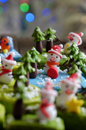 Amazing xmas background from clay art, snowman, owl, bird, christmas tree diy from clay material, wonderful craft to make Xmas ornament to decor in winter holidayの写真素材