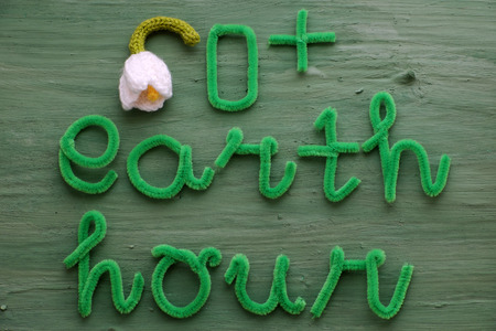 Earth hour message on green background for special day, a day to remind people give hand save the earth, green letter with white flower symbol for turn off light on 60 minuteの写真素材