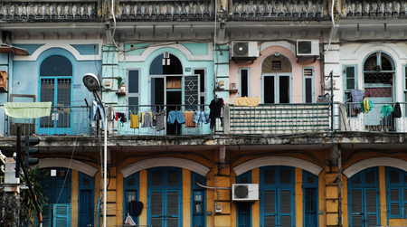 HO CHI MINH CITY, VIET NAM- APRIL 18, 2017: Close up of front of building at Cho Lon, amazing ancient architecture of old house at China town, Vietnamのeditorial素材