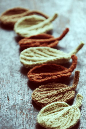 Amazing craft products from yarn, group knitted winter leaf on wooden background, beauty alder leaf with vintage toneの写真素材