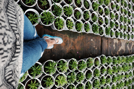 High view of woman wear jeans, sweater and plastic sandal stand on path in garden, rows of flower pot with circle shape so niceの写真素材