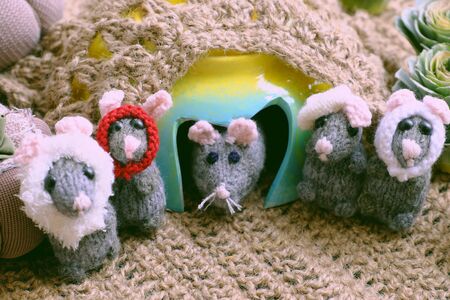 Funny concept for rat year, mice family warm in cave that recycle from broken bowl on burlap background, handmade toy animals knit from yarnの写真素材